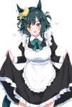  1girl absurdres alternate_costume animal_ears apron black_dress black_hair black_tail blush breasts callretortyagiza commentary_request dress ears_through_headwear enmaided frilled_apron frilled_dress frills green_eyes hair_ornament hat highres holding_own_dress horse_ears horse_girl horse_tail juliet_sleeves kiseki_(umamusume) large_breasts long_sleeves looking_at_viewer maid maid_apron open_mouth puffy_sleeves short_hair simple_background smile solo tail umamusume white_apron white_background x_hair_ornament yellow_hat 