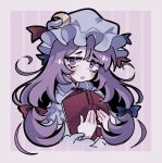  1girl asymmetrical_bangs blue_bow blush blush_stickers book bow bowtie collar crescent crescent_hat_ornament dreamysuite dress frilled_collar frilled_sleeves frills hair_bow hat hat_ornament holding holding_book long_hair looking_at_viewer mob_cap multiple_hair_bows patchouli_knowledge purple_dress purple_eyes purple_hair purple_hat red_bow solo striped_background touhou upper_body 