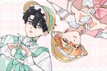  2boys aged_down black_hair green_eyes green_ribbon hat heart heart_background heart_hands highres looking_at_viewer multiple_boys nino_sunday orange_eyes orange_hair pink_background plaid_background pyeongjong ribbon robo_frostor shirt skoshism tongue tongue_out white_shirt 