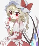  1girl aorin_oekaki ascot blonde_hair bow collared_shirt commentary crystal crystal_wings flandre_scarlet food frilled_shirt_collar frills fruit hat hat_bow highres holding holding_food holding_fruit mob_cap multicolored_wings one_side_up puffy_short_sleeves puffy_sleeves red_bow red_eyes red_skirt red_vest shirt short_sleeves skirt skirt_set sleeve_bow solo strawberry touhou vest white_bow white_hat white_shirt wings wrist_cuffs yellow_ascot 
