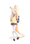  1girl absurdres alternate_costume animal_ear_fluff animal_ears backpack bag black_skirt blonde_hair blue_archive blue_bag blue_necktie bow brown_shoes cardigan closed_mouth commentary_request flower fox_ears fox_girl full_body hair_flower hair_ornament halo highres hong_su0 kneehighs long_hair long_sleeves long_tail looking_at_viewer necktie pink_eyes pleated_skirt seia_(blue_archive) shirt shoes simple_background skirt socks solo standing tail tail_bow tail_ornament very_long_hair white_background white_flower white_shirt white_socks yellow_cardigan yellow_halo 