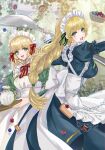  2girls apron blonde_hair blue_dress blush bow breasts cake commentary_request dress fire_emblem fire_emblem:_genealogy_of_the_holy_war fire_emblem:_thracia_776 fire_emblem:_three_houses fire_emblem_heroes food green_eyes hair_bow hair_ornament headdress helen_(helen2210hk) highres holding holding_tray ingrid_brandl_galatea ingrid_brandl_galatea_(cordial_teatime) large_breasts long_hair long_sleeves maid maid_apron maid_headdress medium_breasts multiple_girls nanna_(cordial_teatime)_(fire_emblem) nanna_(fire_emblem) official_alternate_costume open_mouth oversized_spoon red_bow short_hair smile teapot teeth tray upper_teeth_only white_apron wing_hair_ornament 