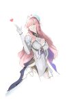  1girl absurdres aemeath_(wuthering_waves) ahoge bare_shoulders breasts commentary covered_navel cropped_legs deardd elbow_gloves finger_gun gloves grin hair_ornament hand_up heart highres leotard long_hair looking_at_viewer medium_breasts one_eye_closed pink_hair showgirl_skirt skirt smile solo strapless strapless_leotard white_gloves white_leotard white_skirt wuthering_waves 