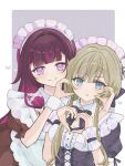  2girls :t alternate_costume black_bow black_bowtie black_hair blue_eyes bow bowtie breasts brown_hair closed_mouth columbina_(genshin_impact) commentary_request enmaided frilled_hairband frills genshin_impact hair_ornament hairband hands_up heart heart_hair_ornament highres hotorina long_hair looking_at_viewer maid maid_headdress multiple_girls puffy_short_sleeves puffy_sleeves purple_eyes purple_hair sandrone_(genshin_impact) short_hair_with_long_locks short_sleeves sidelocks smile unusually_open_eyes upper_body white_wrist_cuffs wrist_cuffs 