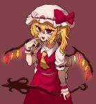  1girl ascot back_bow blonde_hair bow breasts collared_shirt commentary_request crystal crystal_wings fang fingernails flandre_scarlet frilled_shirt_collar frilled_wrist_cuffs frills hair_between_eyes hat hat_bow highres holding holding_weapon laevatein_(touhou) long_fingernails long_hair mob_cap multicolored_wings one_side_up open_mouth pointy_ears puffy_short_sleeves puffy_sleeves rampa93 red_background red_bow red_eyes red_nails red_skirt red_vest red_wrist_cuffs sharp_fingernails shirt short_sleeves simple_background skin_fang skirt skirt_set sleeve_bow slit_pupils small_breasts smile solo touhou vest weapon white_bow white_hat white_shirt wings wrist_cuffs yellow_ascot 