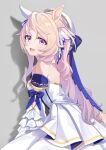  1girl animal_ears bare_shoulders blonde_hair blue_eyes blush breasts commentary_request detached_sleeves dress ear_covers hair_between_eyes hat highres horse_ears horse_girl long_hair medium_breasts mochiusasa open_mouth simple_background single_ear_cover smile solo umamusume victoire_pisa_(lueur_angelique)_(umamusume) victoire_pisa_(umamusume) white_dress 