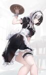  1girl absurdres alternate_costume apron back_bow black_choker black_dress black_hair bow breasts choker commentary dress frilled_apron frilled_dress frilled_thigh_strap frills grey_hair hair_ornament hairclip hand_up highres holding holding_tray hololive hololive_english kurochanai looking_at_viewer maid medium_breasts multicolored_hair parted_lips puffy_short_sleeves puffy_sleeves shiori_novella short_hair_with_long_locks short_sleeves sidelocks solo split-color_hair thigh_strap tray underbust virtual_youtuber white_apron white_bow yellow_eyes 
