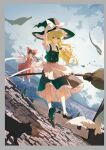  2girls apron ascot black_hat black_shoes black_skirt black_vest blonde_hair bow braid broom broom_riding brown_hair closed_mouth commentary_request detached_sleeves frilled_bow frilled_hair_tubes frilled_skirt frills full_body green_eyes hair_bow hair_tubes hakurei_reimu hat hat_bow kirisame_marisa long_hair looking_at_viewer mary_janes multiple_girls outdoors qianeyejiaorouji red_bow red_eyes red_skirt ribbon-trimmed_sleeves ribbon_trim shoes side_braid single_braid skirt skirt_set smile socks touhou unfinished vest waist_apron white_apron white_bow white_socks witch_hat yellow_ascot 