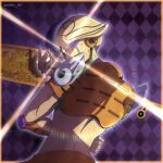  1other absurdres araki_hirohiko_(style) argyle_background armor artist_name border commentary compound_eyes dio_brando's_pose english_commentary from_behind genda_art gold_experience gold_experience_requiem gold_skin highres jojo_no_kimyou_na_bouken jojo_pose looking_back other_focus purple_eyes shoulder_armor shoulder_pads sky solo stand_(jojo) transformation twitter_username vento_aureo wing_ornament yellow_border yellow_sky 