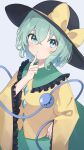  1girl absurdres black_hat blush bow buttons collared_shirt commentary_request diamond_button disembodied_linked_eye eyeball frilled_shirt_collar frilled_sleeves frills green_eyes green_hair green_skirt hat hat_bow highres komeiji_koishi long_sleeves looking_at_viewer medium_hair shirt skirt solo tentyuu_th touhou wide_sleeves yellow_bow yellow_shirt 