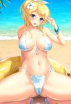  :d anklet arm_behind_back arm_support armlet artist_name ayase_eli bangle beach bikini blonde_hair blue_eyes blush bracelet breasts cameltoe covered_nipples cygnus_(cygnus7) day floral_print flower front-tie_top hair_flower hair_ornament hibiscus highres jewelry large_breasts long_hair love_live! love_live!_school_idol_project md5_mismatch navel open_mouth ponytail print_bikini shiny shiny_skin signature skindentation smile solo spread_legs swimsuit v 