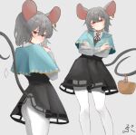  1girl absurdres animal_ear_piercing animal_ears ass basket black_dress blue_capelet blush capelet collared_shirt commentary crossed_arms dress earrings grey_background grey_hair highres holding holding_with_tail hoop_earrings jewelry long_sleeves looking_at_viewer mouse_ears mouse_girl mouse_tail multiple_views nazrin neck_ribbon pantyhose pinafore_dress prehensile_tail red_eyes red_ribbon ribbon ropu_1 shirt short_hair signature single_earring sleeveless sleeveless_dress tail touhou white_pantyhose white_shirt 