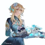  1girl black_gloves blonde_hair blue_dress breasts closed_mouth commentary dress english_commentary expressionless feather_hair_ornament feathers flower fur-trimmed_gloves fur_trim genshin_impact gloves gun hair_flower hair_ornament highres holding holding_gun holding_weapon long_sleeves lumine_(genshin_impact) lumine_(snezhnaya)_(genshin_impact) medium_breasts official_alternate_costume shikacchin short_hair_with_long_locks simple_background twitter_username upper_body weapon white_background yellow_eyes 