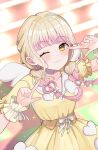  1girl blonde_hair blush braid closed_mouth collarbone commentary_request dress fingernails fujita_kotone gakuen_idolmaster gradient_hair hand_up highres idolmaster long_hair looking_at_viewer multicolored_hair pechi_(peeechika) pink_hair smile solo twin_braids yellow_dress yellow_eyes 