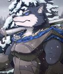 anthro armor artist_name blue_eyes brooch canid canine canis domestic_dog hi_res holding_melee_weapon holding_object holding_sword holding_weapon husky male mammal melee_weapon nordic_sled_dog outside plant snow solo spitz sword text tree viruleince weapon whisker_spots