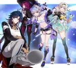  1boy 3girls aqua_dress back bandaged_hand bandages bandages_over_clothes belt black_belt black_boots black_choker black_coat black_gloves black_hairband black_jacket black_ribbon black_shorts black_thighhighs blade_(honkai:_star_rail) blade_(sesame_cake)_(honkai:_star_rail) blue_bow blue_hair blush boots bow chinese_clothes choker clenched_hand closed_mouth coat collared_shirt commentary_request covered_eyes crossed_arms dress drooling earrings eyewear_on_head firefly_(honkai:_star_rail) full_body fur-trimmed_jacket fur_trim gloves gradient_hair grey_hair grey_pants hair_between_eyes hair_ornament hairband hand_up high-waist_shorts high_ponytail highres holding holding_ice_cream_cone honkai:_star_rail honkai_(series) hood hooded_jacket ice_cream_cone jacket jewelry kafka_(honkai:_star_rail) leaf_hair_ornament long_hair long_sleeves looking_at_another low_twintails midriff multicolored_hair multiple_girls navel neckerchief open_clothes open_jacket open_mouth orange_neckerchief pants pantyhose pearl_earrings ponytail puffy_long_sleeves puffy_sleeves purple_eyes purple_gloves purple_hair purple_jacket purple_pantyhose ribbon round_eyewear sailor_collar saint_laurent_paris shadow shirt shoes short_shorts shorts sidelocks silver_wolf_(honkai:_star_rail) single_earring smile standing stellaron_hunters_(honkai:_star_rail) sunglasses thigh_strap thighhighs twintails two-sided_fabric two-sided_jacket two-tone_dress wavy_hair white_dress white_shirt white_shoes yellow_eyes 