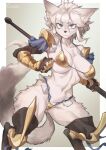  1girl animal_ear_fluff animal_ears animal_legs animal_nose areola_slip armor bare_shoulders bikini bikini_armor blue_eyes body_fur breasts cowboy_shot cowlick digitigrade dinah_(unicorn_overlord) fluffy fox_ears fox_girl fox_tail furry furry_female gauntlets gold_bikini gold_gauntlets gold_greaves hair_between_eyes holding holding_polearm holding_weapon iparupua large_breasts looking_at_viewer polearm short_hair shoulder_armor signature solo swimsuit tail thighhighs unicorn_overlord weapon white_fur white_hair 
