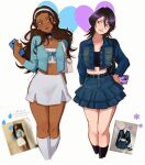  2girls arm_at_side arms_at_sides black_hair blue_eyes breasts brown_hair casual closed_mouth collarbone commentary cropped_jacket dark-skinned_female dark_skin denim denim_jacket denim_skirt earrings english_commentary eyelashes feet_out_of_frame front-tie_top hairband hand_up head_tilt heart highres holding holding_phone jacket jewelry katara kneehighs kuchiki_rukia light_smile long_hair long_sleeves looking_at_another looking_to_the_side m1rimorinku medium_hair miniskirt multiple_girls navel necklace pale_skin pearl_earrings pendant_choker phone purple_eyes real_life_insert reference_inset simple_background skirt small_breasts snowflakes socks strapless tube_top water_drop white_background white_hairband white_skirt 