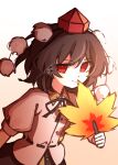  1girl black_ribbon black_skirt brown_hair closed_mouth collared_shirt commentary_request gradient_background hat hauchiwa highres holding illust_atelier3 missing_wings neck_ribbon one-hour_drawing_challenge orange_background pom_pom_(clothes) puffy_short_sleeves puffy_sleeves red_eyes red_hat ribbon shameimaru_aya shirt short_sleeves skirt smile solo tokin_hat touhou white_shirt wings 
