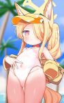  1girl absurdres animal_ear_fluff animal_ears ass_visible_through_thighs bare_shoulders blonde_hair blue_archive blue_sky blurry blurry_background breasts closed_mouth cloud commentary_request covered_navel day depth_of_field fox_ears fox_girl fox_tail groin hair_over_one_eye halo highres jacket long_hair long_sleeves mugichoko_(mugi_no_choko) off_shoulder one-piece_swimsuit open_clothes open_jacket outdoors palm_tree parted_bangs puffy_long_sleeves puffy_sleeves red_eyes seia_(blue_archive) seia_(swimsuit)_(blue_archive) side_ponytail sky sleeves_past_fingers sleeves_past_wrists small_breasts solo swimsuit swimsuit_under_clothes tail thigh_gap tree very_long_hair visor_cap white_one-piece_swimsuit yellow_jacket 