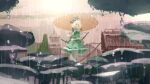  1girl architecture black_ribbon building east_asian_architecture expressionless green_skirt green_vest hair_ribbon holding holding_umbrella konpaku_youmu looking_to_the_side medium_hair medium_skirt niy_(nenenoa) outdoors puffy_short_sleeves puffy_sleeves rain ribbon scabbard sheath shirt short_sleeves skirt solo touhou umbrella vest water_drop white_hair white_shirt wide_shot 