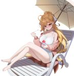  1girl absurdres ahoge bare_legs bare_shoulders barefoot beach_umbrella blonde_hair blush breasts chair cleavage closed_mouth collarbone commentary crossed_legs dress feet food full_body hair_ribbon highres holding holding_spoon jacket jingburger korean_commentary large_breasts legs long_hair long_sleeves looking_at_viewer lounge_chair off_shoulder open_clothes open_jacket pink_jacket ponytail red_eyes ribbon shaved_ice short_dress simple_background sitting sleeveless smile solo spaghetti_strap spoon su2ro thighs toes umbrella very_long_hair virtual_youtuber waktaverse white_background white_dress 