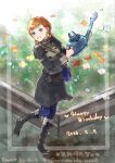  1girl annette_fantine_dominic birthday black_boots black_shirt black_skirt blue_eyes blue_pantyhose boots breasts commentary_request dated dirt fire_emblem fire_emblem:_three_houses flower garden garreg_mach_monastery_uniform hair_rings happy_birthday highres holding holding_watering_can long_sleeves orange_hair pantyhose school_uniform shirt short_hair skirt small_breasts solo standing standing_on_one_leg usjm_m0k0222 watering_can 