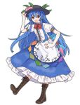  1girl absurdres back_bow black_hat blue_bow blue_hair blue_skirt boots bow bowtie brown_boots commentary_request frilled_skirt frills fruit_hat_ornament full_body hand_on_headwear hat hat_ornament highres hinanawi_tenshi lace-up_boots leaf_hat_ornament long_hair looking_at_viewer nnn_lu one-hour_drawing_challenge open_mouth peach_hat_ornament puffy_short_sleeves puffy_sleeves red_bow red_bowtie red_eyes shirt short_sleeves simple_background skirt smile solo touhou very_long_hair white_background white_shirt 