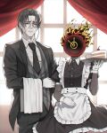  1boy 1other absurdres apron black_coat black_necktie black_pants black_skin butler cake cake_slice clock coat collared_shirt colored_skin commentary_request cowboy_shot cup curtains dante_(limbus_company) earrings enmaided fire food frilled_apron frills frown gloves grey_hair grey_vest highres holding holding_tray indoors jewelry korean_commentary limbus_company limkkmz5 looking_at_viewer maid maid_day monocle necktie object_head pants project_moon puffy_short_sleeves puffy_sleeves red_eyes shirt short_hair short_sleeves single_earring standing striped_clothes striped_vest tailcoat tray vergilius_(project_moon) vertical-striped_clothes vertical-striped_vest vest white_apron white_gloves white_shirt window 