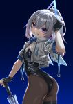  1girl absurdres alternate_costume amane_kanata angel angel_wings ass black_gloves black_leotard breasts cleavage commentary_request fingerless_gloves gloves grey_hair highres holding holding_umbrella hololive leotard looking_at_viewer medium_hair nyang-kaz playboy_bunny purple_eyes small_breasts solo strapless strapless_leotard umbrella virtual_youtuber wings 