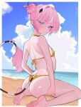  1girl absurdres ass ass_focus back beach bikini blue_sky blush bow breasts camila_(vtuber) closed_mouth cloud commentary english_commentary facial_mark feet flat_chest from_behind gold_bikini hair_bun hair_intakes highres indie_virtual_youtuber looking_back miaruriart multicolored_hair pink_hair pointy_ears purple_eyes short_hair sitting sky small_breasts streaked_hair striped_tail swimsuit tail tail_bow tail_ornament thighs triangle triangle_facial_mark virtual_youtuber water white_streaks 