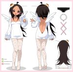  1girl absurdres ahoge angel_wings ass backless_dress backless_outfit bead_necklace beads beff_(beffkawa) beffkawa black_panties breasts brown_eyes brown_hair cleavage commentary dark-skinned_female dark_skin dimples_of_venus dress english_commentary english_text flat_ass hair_ornament highres jewelry lace lace_pantyhose long_hair multiple_views necklace no_sclera original panties pantyhose pudding_hair_ornament reference_sheet short_dress shoulder_blades sleeves_past_wrists small_breasts turnaround underwear white_dress wings x_hair_ornament 
