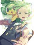  1boy :3 :d black_vest bow bowtie cilan_(pokemon) green_bow green_bowtie green_eyes green_hair highres looking_at_viewer on_shoulder open_mouth pansage pokemon pokemon_(creature) pokemon_black_and_white pokemon_on_shoulder serizawa_serizane shirt short_hair smile sunlight traditional_bowtie vest white_shirt 
