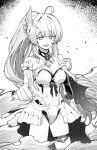  1girl absurdres aemeath_(wuthering_waves) ahoge bare_shoulders breasts cleavage commentary_request elbow_gloves gloves greyscale hair_ornament highres leotard looking_at_viewer medium_breasts monochrome open_mouth outstretched_arm ponytail resoap showgirl_skirt smile solo star-shaped_pupils star_(symbol) strapless strapless_leotard symbol-shaped_pupils wuthering_waves 