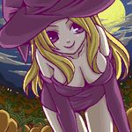  blonde_hair breasts cleavage cloud commentary_request deneb_rove dress elbow_gloves farm field gloves hat kokutou_eiri large_breasts leaning_forward lips long_hair looking_at_viewer lowres moon night oekaki ogre_battle pumpkin purple_dress purple_eyes purple_gloves smile solo strapless strapless_dress thighs witch witch_hat 
