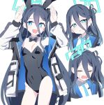  1girl animal_ears aris_(blue_archive) black_bow black_bowtie black_hair black_leotard blue_archive blue_eyes blue_necktie bow bowtie breasts covered_navel detached_collar doanobunokami fake_animal_ears hair_between_eyes halo jacket leotard long_hair looking_at_viewer multiple_views necktie one_side_up open_mouth playboy_bunny rabbit_ears rabbit_pose shirt simple_background small_breasts smile strapless strapless_leotard very_long_hair white_background white_jacket white_shirt 