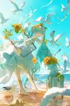  1girl absurdres aqua_hair aqua_nails bare_shoulders bird boots bow closed_eyes day dress eighth_note field fingerless_gloves flower flower_field full_body gloves hair_between_eyes hair_ornament hand_up hat hat_bow hat_flower hatsune_miku headset high_heel_boots high_heels highres lace-up_boots lake lens_flare long_hair magical_mirai_(vocaloid) magical_mirai_miku magical_mirai_miku_(2026) miku_day musical_note musical_note_hair_ornament nail_polish open-toe_boots open_mouth orange_flower outdoors ripples smile solo straw_hat sun sunflower toenail_polish toenails twintails very_long_hair vocaloid water_butterfly water_drop white_boots white_bow white_dress white_gloves yellow_flower yurun_(yurun_ume) 