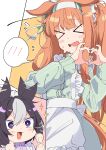  >_< 2girls absurdres animal_ears apron blunt_bangs blush brown_hair closed_eyes commentary_request embarrassed flying_sweatdrops frilled_apron frills green_jacket hairband heart heart_hands highres hime_cut horse_ears horse_girl horse_tail jacket jersey_maid long_hair maid multicolored_hair multiple_girls open_mouth orange_hair orange_tail pandoa_(mikage0495) purple_eyes purple_jacket short_hair silence_suzuka_(umamusume) smile special_week_(umamusume) speech_bubble tail track_jacket two-tone_hair umamusume unconventional_maid white_apron white_hair 