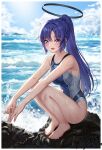  1girl absurdres blue_archive blue_one-piece_swimsuit breasts cang_se_ye_hua competition_swimsuit day grey_one-piece_swimsuit halo highleg highleg_one-piece_swimsuit highres long_hair mechanical_halo medium_breasts ocean one-piece_swimsuit outdoors ponytail purple_eyes purple_hair rock solo squatting swimsuit two-tone_one-piece_swimsuit very_long_hair yuuka_(blue_archive) 