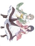  2girls absurdres apron black_hair blue_eyes bow brown_hair closed_eyes closed_mouth colored_inner_hair columbina_(genshin_impact) commentary cup facing_viewer full_body genshin_impact gloves hand_up hands_up highres holding holding_plate holding_teapot japanese_clothes kokoaji_(koko_aj1) long_hair long_sleeves looking_at_viewer maid maid_headdress multicolored_hair multiple_girls parted_lips plate purple_bow purple_hair sandrone_(genshin_impact) short_hair_with_long_locks simple_background skirt smile standing teacup teapot very_long_hair wa_maid white_apron white_background white_gloves wide_sleeves yellow_bow 