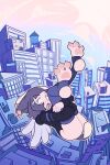  1girl absurdres adversarial_noise angel_wings animal_ears animal_feet ass asymmetrical_legwear black_hair black_leotard black_thighhighs blonde_hair blue_thighhighs blunt_bangs building cat_ears cat_girl cat_tail city commentary english_commentary evilfrap fang frap_(evilfrap) full_body hair_ornament hairclip halo highleg highleg_leotard highres hooded_leotard hugging_own_legs leotard light_rays midair mismatched_animal_ear_colors mismatched_legwear multicolored_hair open_mouth original outline sky skyscraper smile solo split-color_hair stirrup_legwear tail thighhighs thong_leotard toeless_legwear two-tone_hair wings 