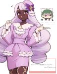  2girls apron ascot black_romper blunt_bangs bow bowtie braid brown_eyes dark-skinned_female dark_skin dress fascinator fishnet_pantyhose fishnets frilled_ascot frills glove_bow gloves green_hair highres jacinthe_(pokemon) juliet_sleeves lebanne_(pokemon) long_hair long_sleeves low_drills maid maid_apron maid_headdress marshmallow_(site) master_and_servant mega_stone multiple_girls musical_note nervous_sweating noi_(noi_pk27) open_mouth pantyhose pokemon pokemon_legends:_z-a puffy_sleeves purple_dress purple_eyes purple_hair request_inset romper smile sweat very_dark_skin white_bow white_bowtie white_gloves 