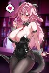  +_+ 1girl absurdres bar_(place) bare_shoulders black_collar black_horns black_leotard black_pantyhose black_tail blurry blurry_background blush breasts cleavage closed_mouth collar commentary covered_navel cup detached_collar drooling english_commentary femme_soule hair_intakes heart highres holding holding_cup horns indoors large_breasts leotard long_hair looking_at_viewer mismatched_pupils multicolored_hair necktie pantyhose pink_eyes pink_hair pukey_goddess_shot_trick purple_eyes red_necktie smile solo spoken_heart strapless strapless_leotard streaked_hair thighs two-tone_hair vavamva white_wrist_cuffs wrist_cuffs 