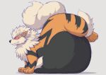 2026 ambiguous_gender arcanine belly big_belly black_belly black_stripes blush feral fur generation_1_pokemon hi_res nintendo orange_body orange_ears orange_legs overweight pokemon pokemon_(species) shikizshigls simple_background solo stripes tail white_background white_body white_fur white_tail