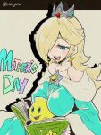  1girl 1other bare_shoulders between_breasts blonde_hair blue_eyes blush book breasts breasts_apart collarbone colored_eyebrows crown dress earrings english_text hair_over_one_eye hat highres holding holding_book jewelry large_breasts long_dress long_hair luma_(mario) mario_(series) mother's_day nail_polish nikki_yama purple_nails reading rosalina shadow shooting_star_ornament simple_background sitting smile star_(symbol) star_earrings teeth twitter_username upper_body upper_teeth_only white_background wide_sleeves 