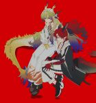  1boy 1girl arknights bare_shoulders bead_bracelet beads betti_(xx_betti) black_shoes blonde_hair blue_hair bracelet closed_mouth colored_extremities dragon_boy dragon_girl dragon_horns dragon_tail earrings hair_between_eyes hair_bun hair_ornament hair_stick highres horns jewelry long_hair multicolored_hair pants pointy_ears ponytail red_background red_hair shoes shu_(arknights) simple_background single_side_bun sneakers stick tail white_pants yu_(arknights) 