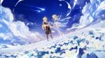  1boy 1girl absurdres aether_(genshin_impact) ahoge bad_source bare_shoulders blonde_hair boots braid brother_and_sister cloud cloudy_sky copyright_name detached_sleeves dress earrings field flower flower_field genshin_impact hair_flower hair_ornament highres inteyvat_flower_(genshin_impact) jewelry lumine_(genshin_impact) official_art official_wallpaper scarf shooting_star short_hair_with_long_locks short_sleeves siblings single_braid single_earring sky white_boots white_dress white_scarf yellow_eyes 