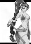  alternate_costume armlet bare_shoulders blush braid breasts bridgeless_bra dancer dancer_shantae earrings greyscale groin high_ponytail highres iruma_kamiri jewelry large_breasts long_hair midriff monochrome navel neck_ring no_panties pelvic_curtain pointy_ears ponytail shantae_(character) shantae_(series) showgirl_skirt sideboob solo thighlet tiara very_long_hair 