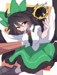  1girl black_hair black_suit bow breasts cape chest_eye commentary_request green_bow green_skirt hair_bow highres long_hair looking_at_viewer red_eyes reiuji_utsuho shirt short_sleeves skirt smile soesoe300 solo suit third_eye touhou v-shaped_eyebrows white_cape white_shirt 