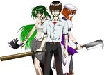  2girls angry baseball_bat beret bow breasts brown_hair cleaver crazy_eyes dress green_hair hair_ribbon hat higurashi_no_naku_koro_ni long_hair looking_at_viewer maebara_keiichi medium_breasts multiple_girls open_mouth orange_hair ribbon ryuuguu_rena school_uniform short_hair skirt smile sonozaki_shion sweater_vest thighhighs weapon whip zonsters 